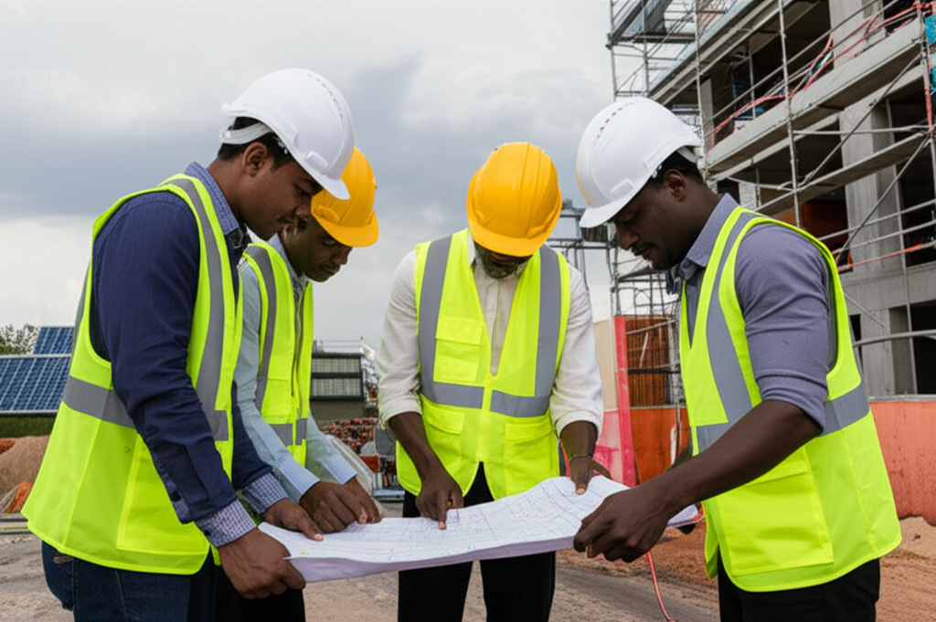 Construction team reviewing solar plans