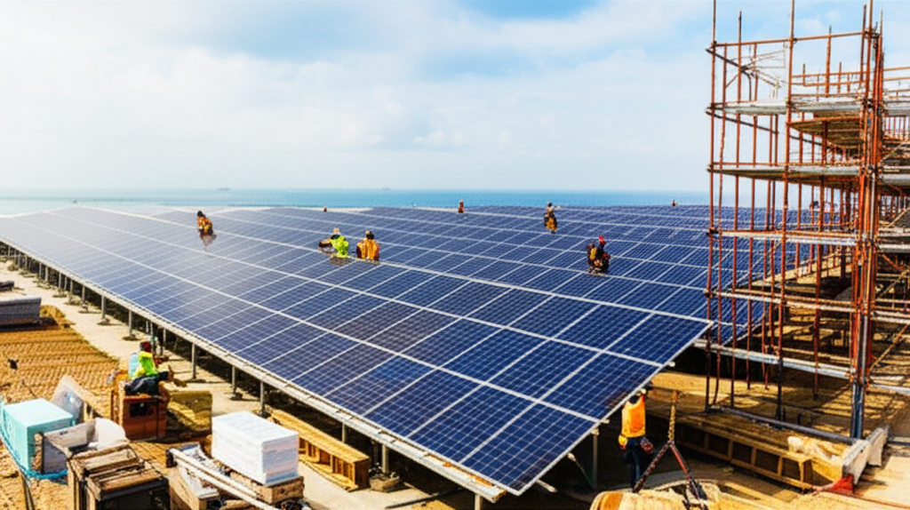 Construction site with solar panels being installed