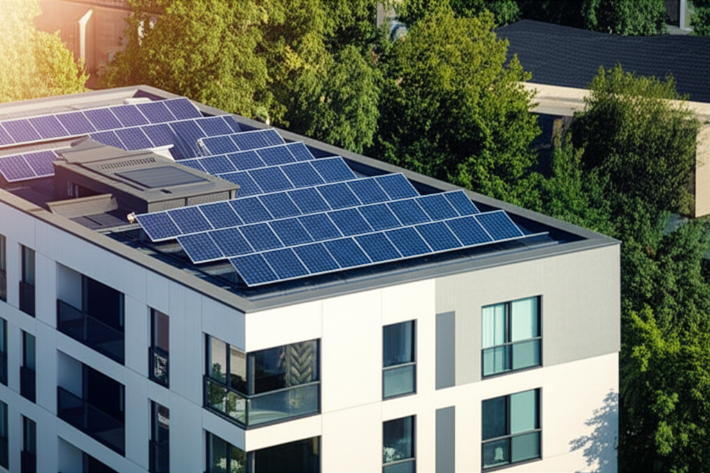 Modern building with solar panels